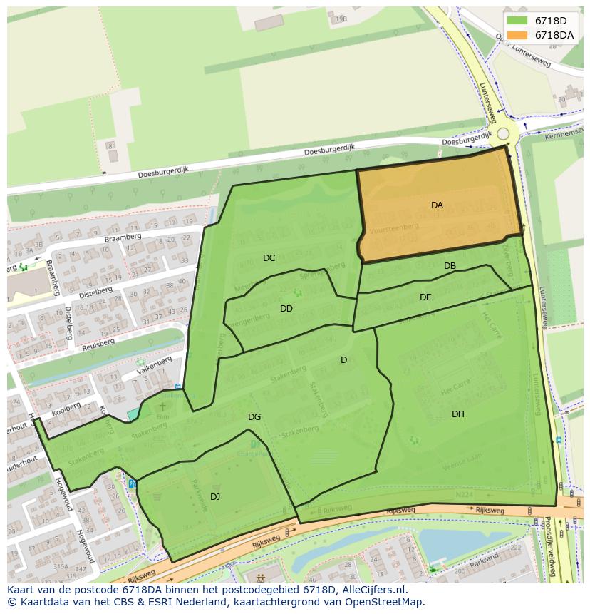 Afbeelding van het postcodegebied 6718 DA op de kaart.