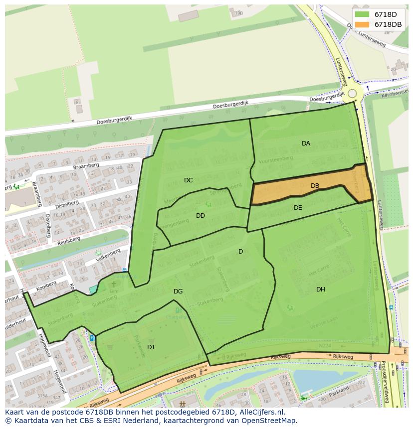Afbeelding van het postcodegebied 6718 DB op de kaart.