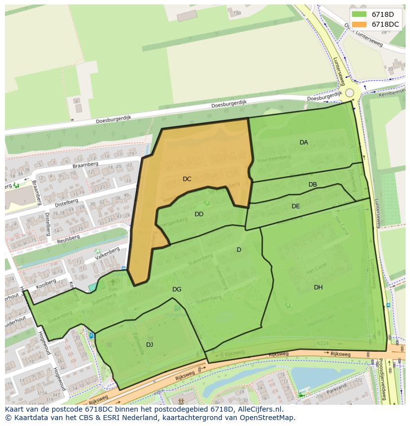 Afbeelding van het postcodegebied 6718 DC op de kaart.