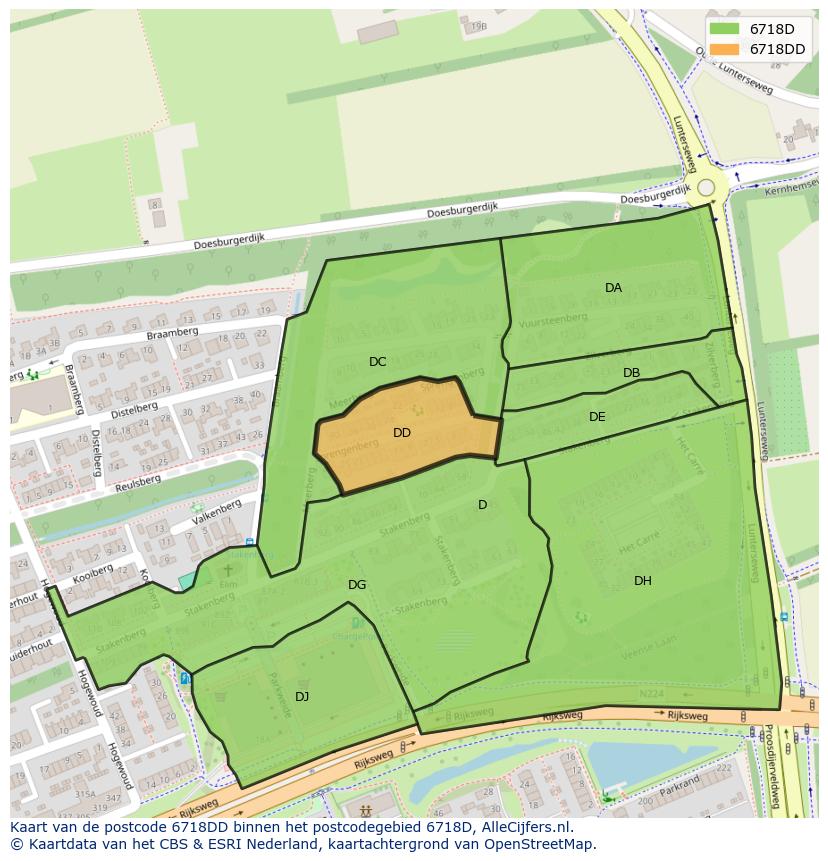 Afbeelding van het postcodegebied 6718 DD op de kaart.
