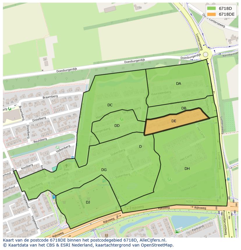 Afbeelding van het postcodegebied 6718 DE op de kaart.