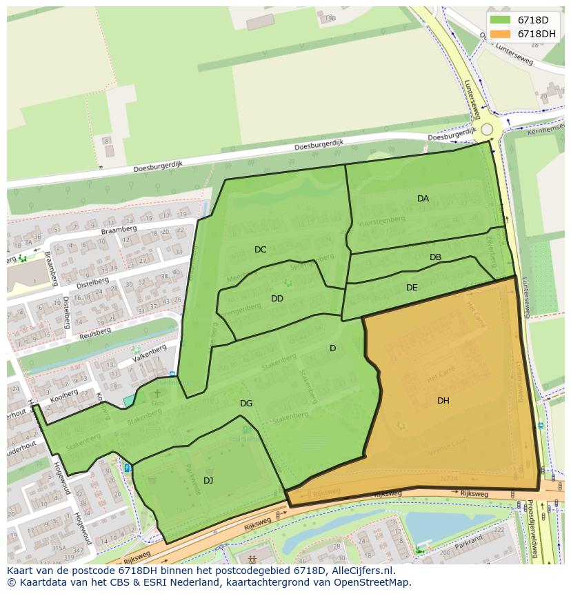 Afbeelding van het postcodegebied 6718 DH op de kaart.