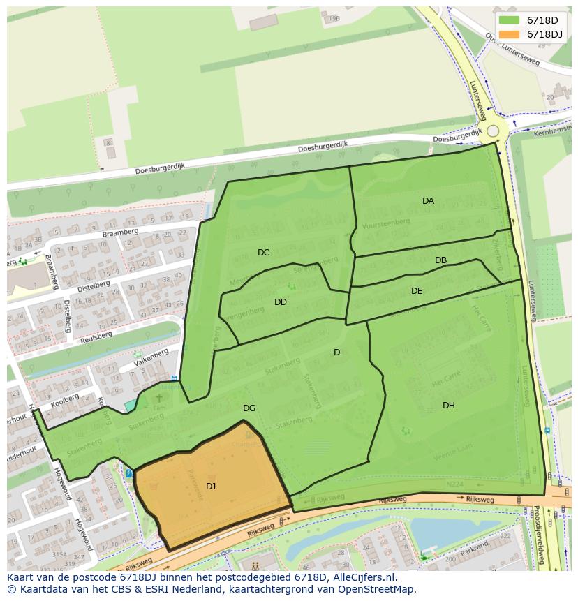 Afbeelding van het postcodegebied 6718 DJ op de kaart.
