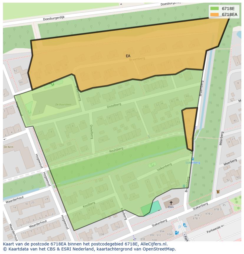 Afbeelding van het postcodegebied 6718 EA op de kaart.