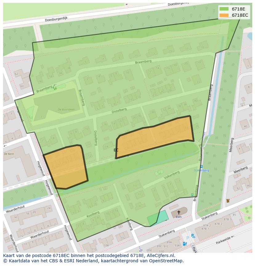 Afbeelding van het postcodegebied 6718 EC op de kaart.