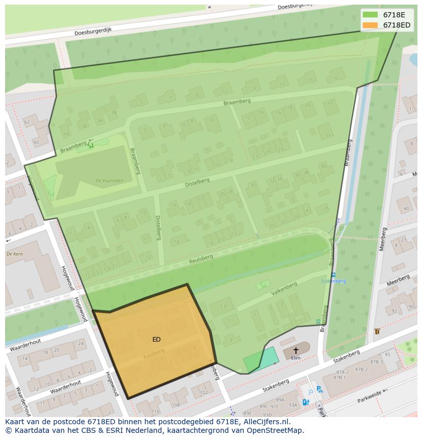 Afbeelding van het postcodegebied 6718 ED op de kaart.