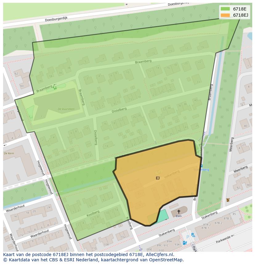 Afbeelding van het postcodegebied 6718 EJ op de kaart.