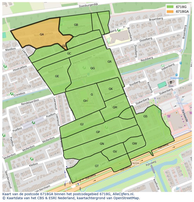 Afbeelding van het postcodegebied 6718 GA op de kaart.