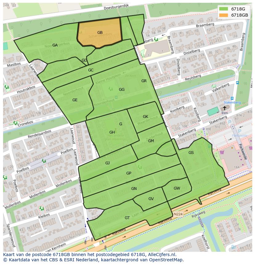Afbeelding van het postcodegebied 6718 GB op de kaart.