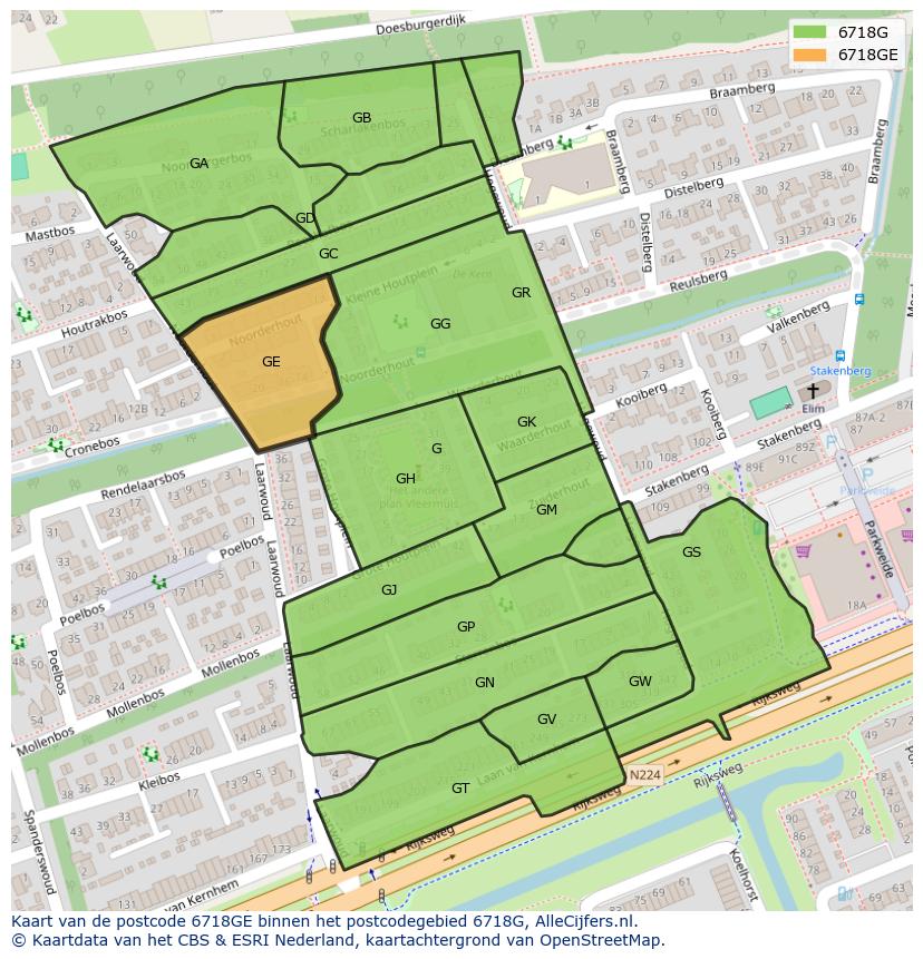 Afbeelding van het postcodegebied 6718 GE op de kaart.