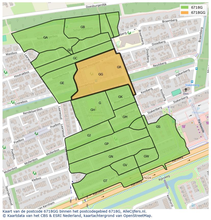 Afbeelding van het postcodegebied 6718 GG op de kaart.