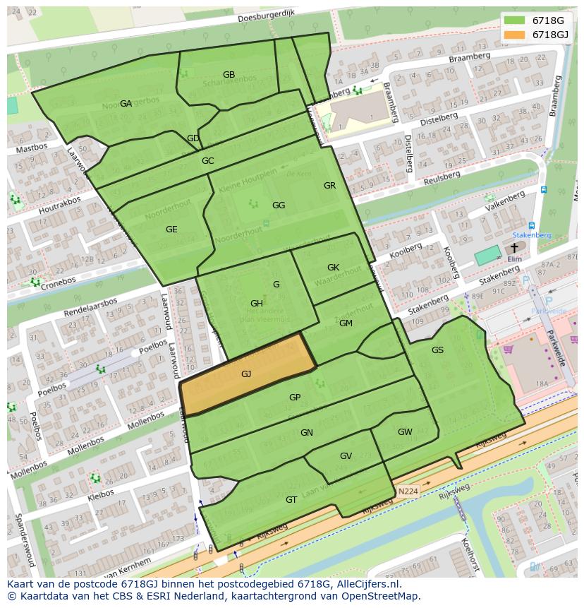 Afbeelding van het postcodegebied 6718 GJ op de kaart.