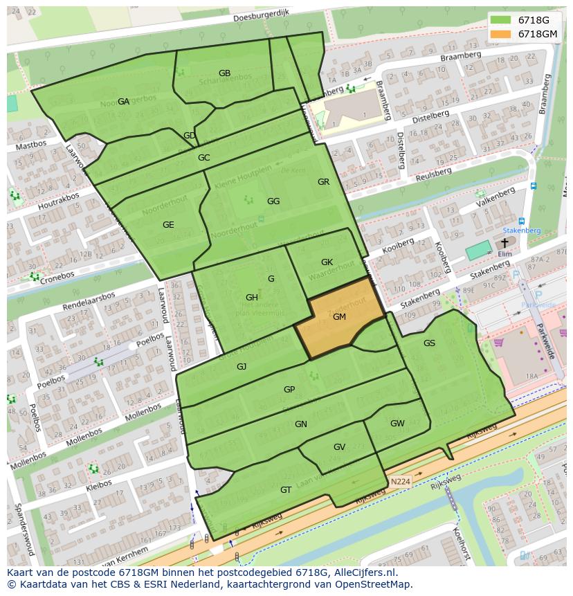 Afbeelding van het postcodegebied 6718 GM op de kaart.