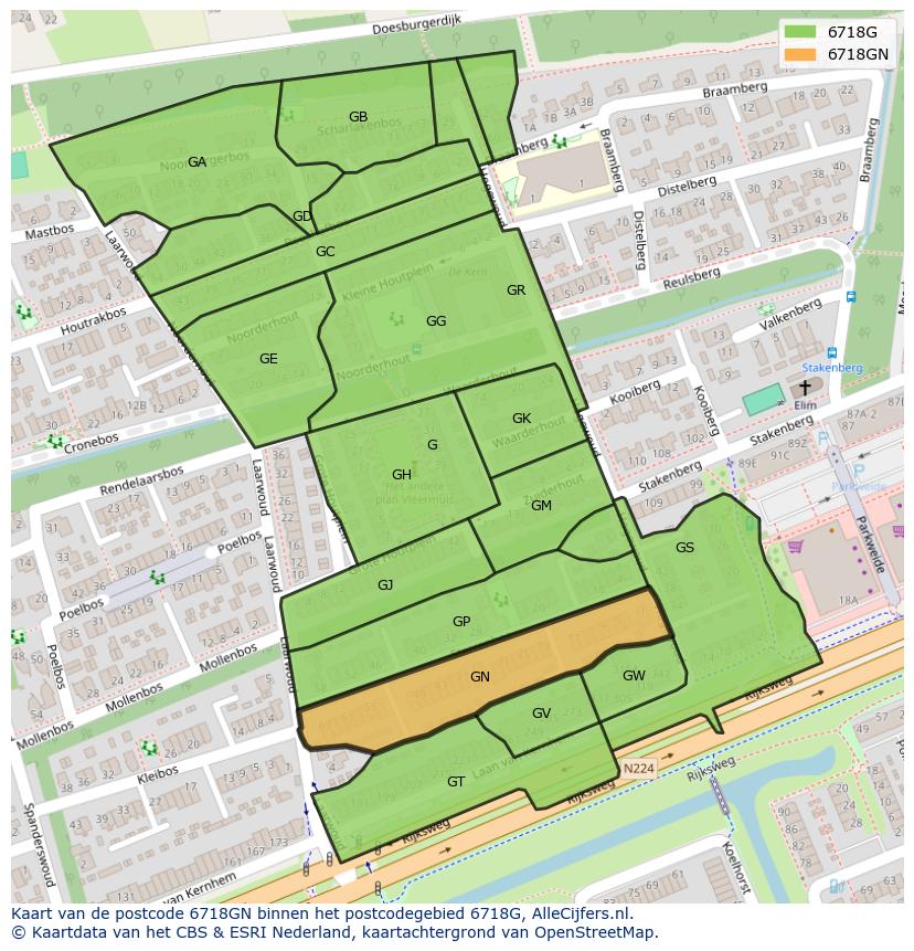 Afbeelding van het postcodegebied 6718 GN op de kaart.