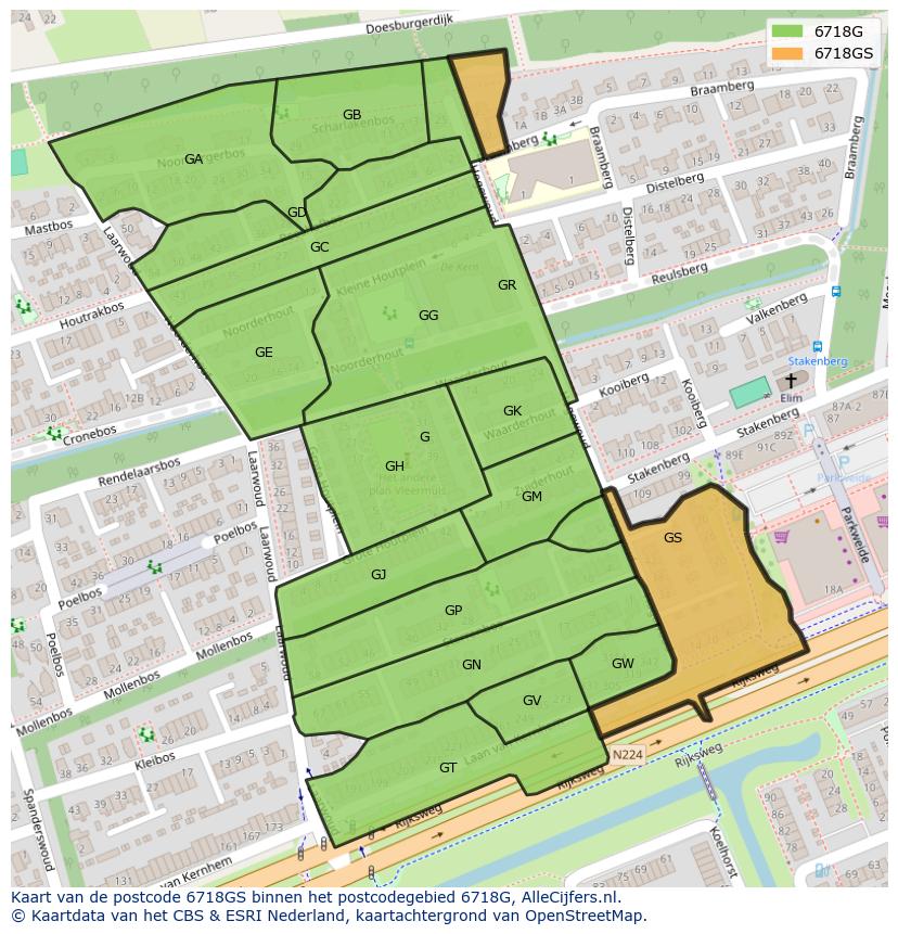 Afbeelding van het postcodegebied 6718 GS op de kaart.