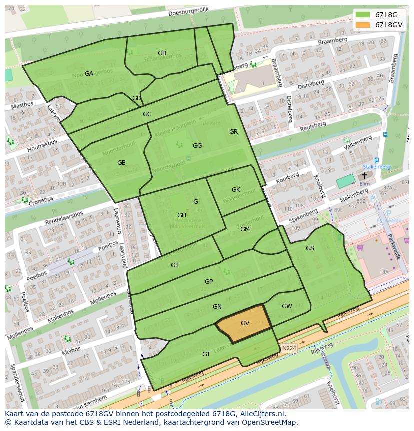 Afbeelding van het postcodegebied 6718 GV op de kaart.