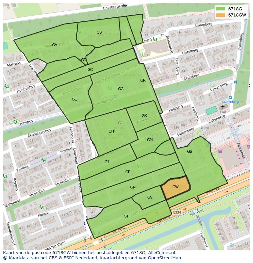 Afbeelding van het postcodegebied 6718 GW op de kaart.