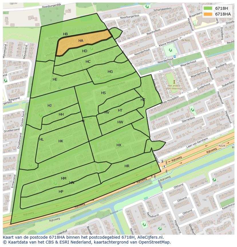 Afbeelding van het postcodegebied 6718 HA op de kaart.