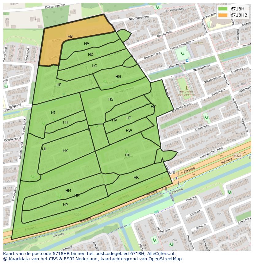 Afbeelding van het postcodegebied 6718 HB op de kaart.