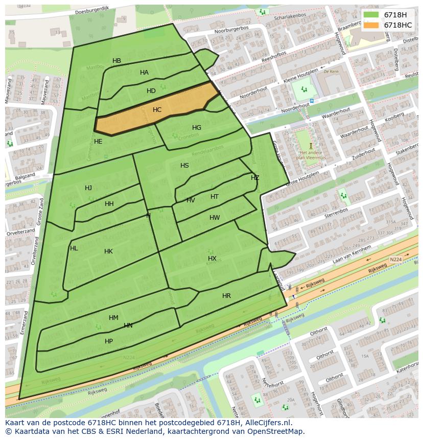 Afbeelding van het postcodegebied 6718 HC op de kaart.