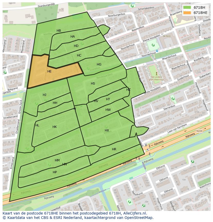Afbeelding van het postcodegebied 6718 HE op de kaart.
