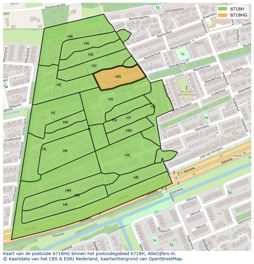 Afbeelding van het postcodegebied 6718 HG op de kaart.