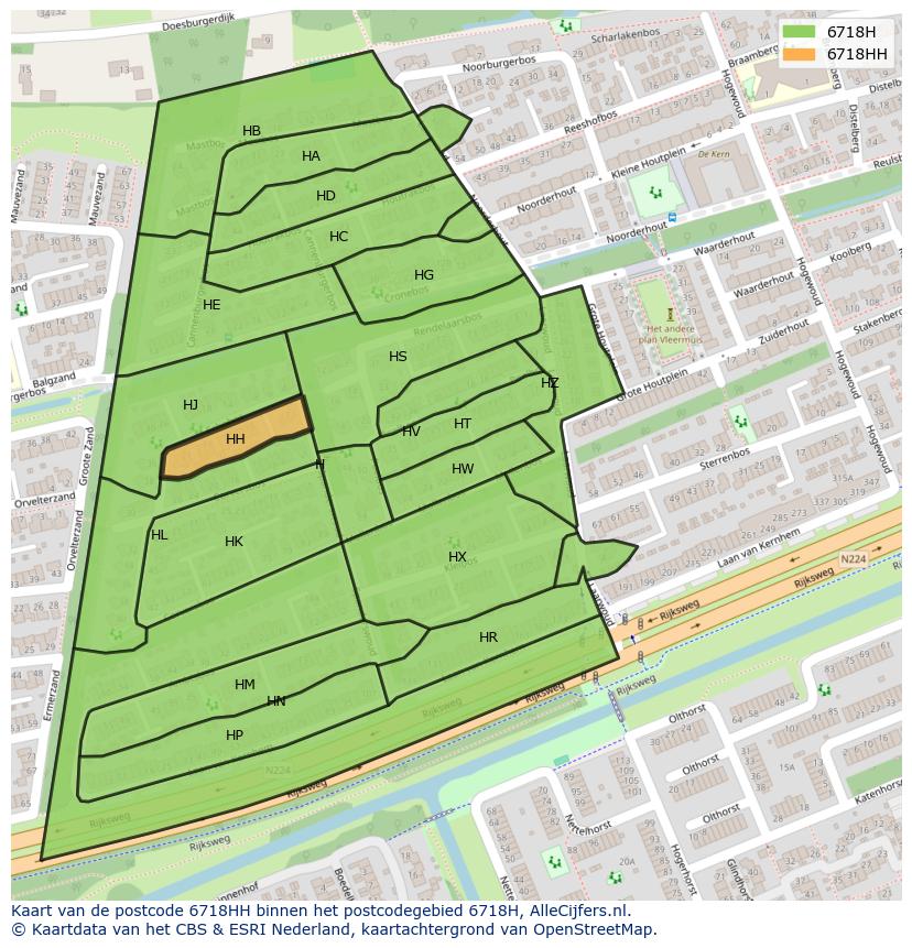 Afbeelding van het postcodegebied 6718 HH op de kaart.