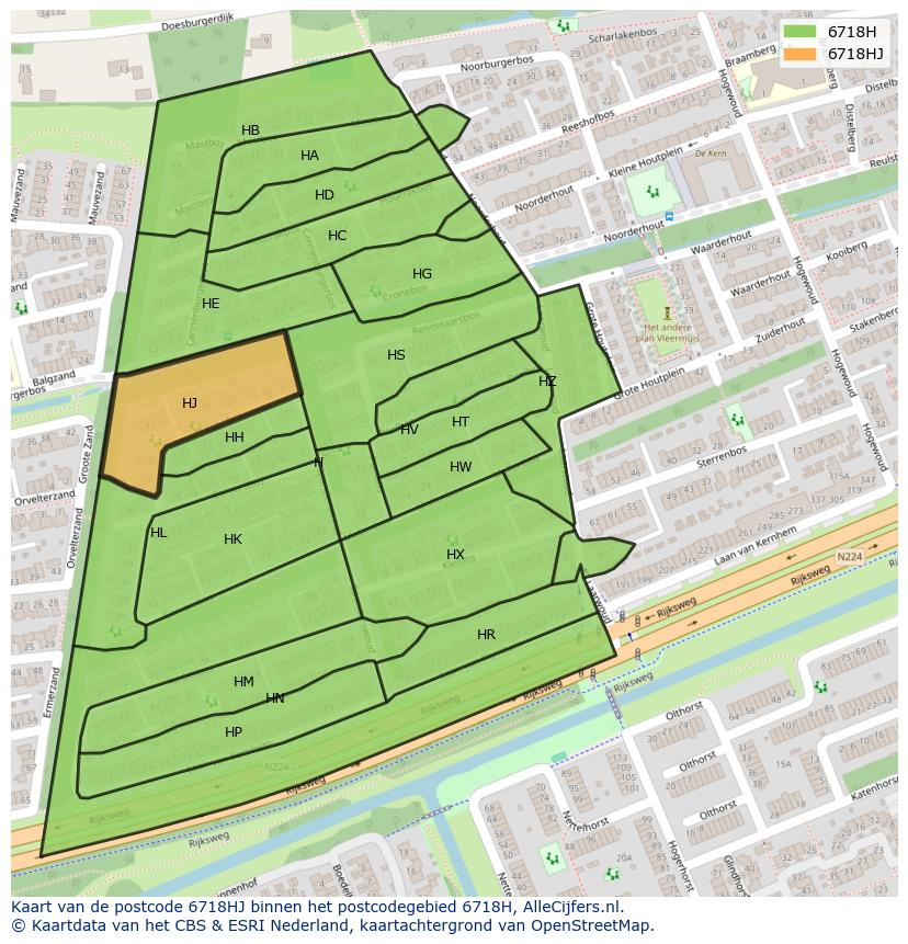 Afbeelding van het postcodegebied 6718 HJ op de kaart.