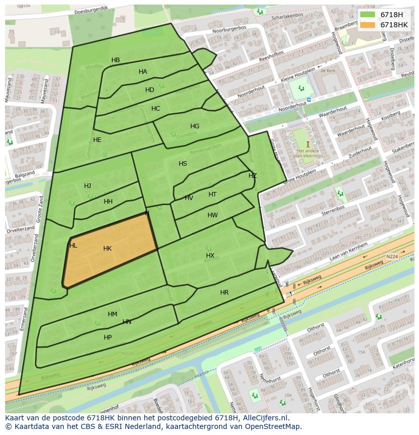 Afbeelding van het postcodegebied 6718 HK op de kaart.