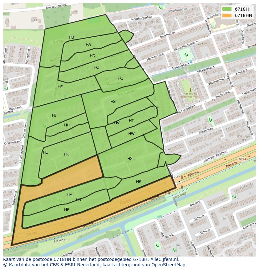 Afbeelding van het postcodegebied 6718 HN op de kaart.