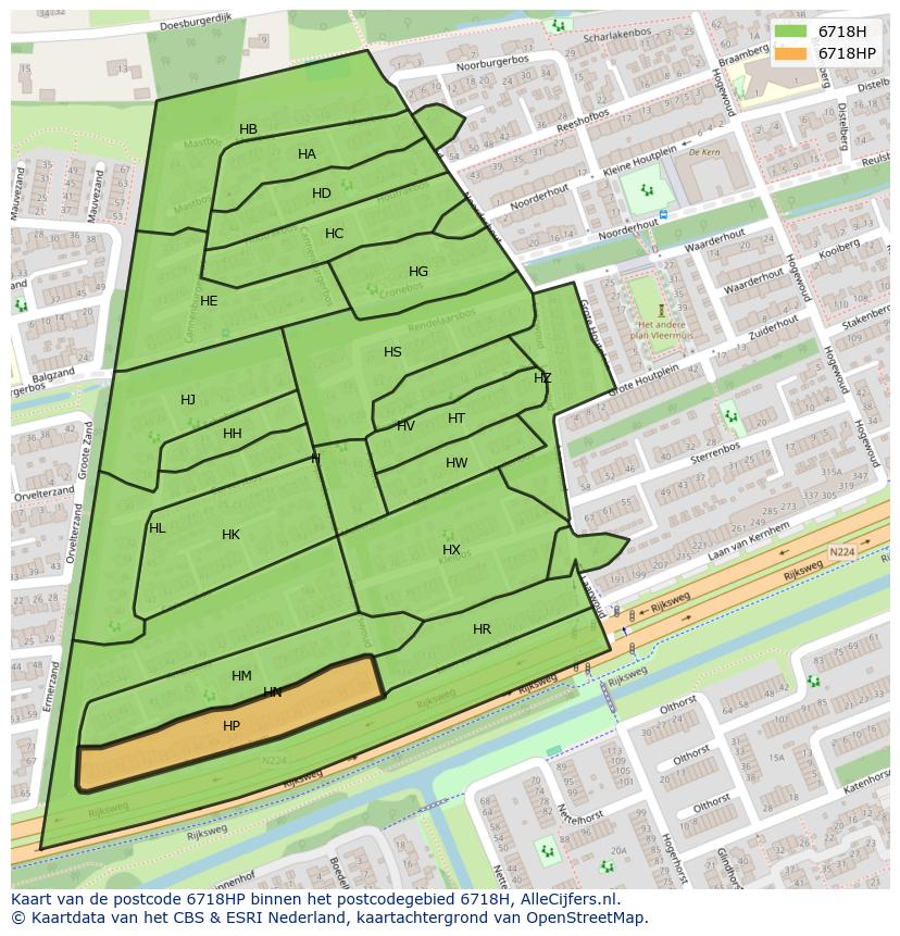 Afbeelding van het postcodegebied 6718 HP op de kaart.