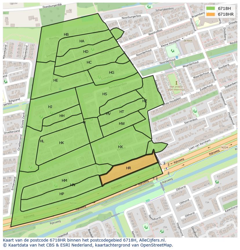 Afbeelding van het postcodegebied 6718 HR op de kaart.