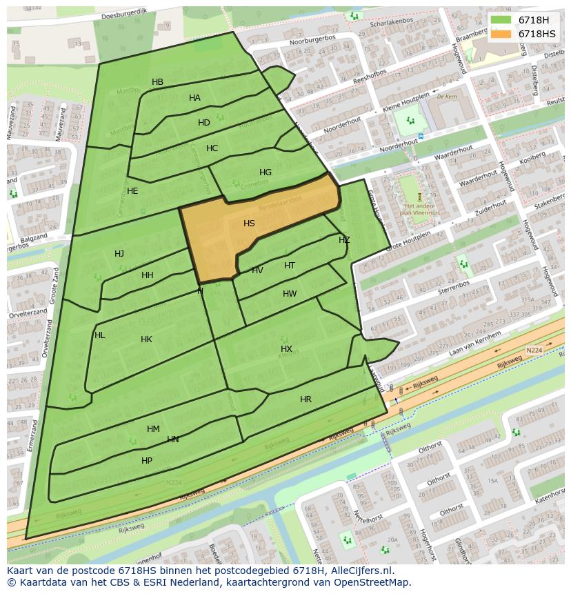 Afbeelding van het postcodegebied 6718 HS op de kaart.