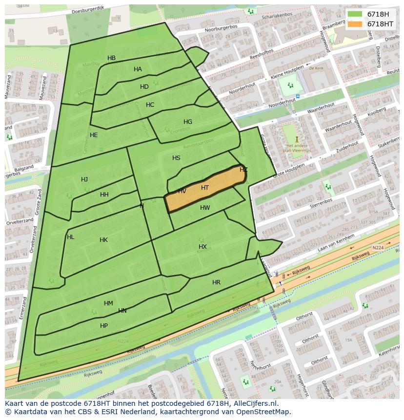 Afbeelding van het postcodegebied 6718 HT op de kaart.