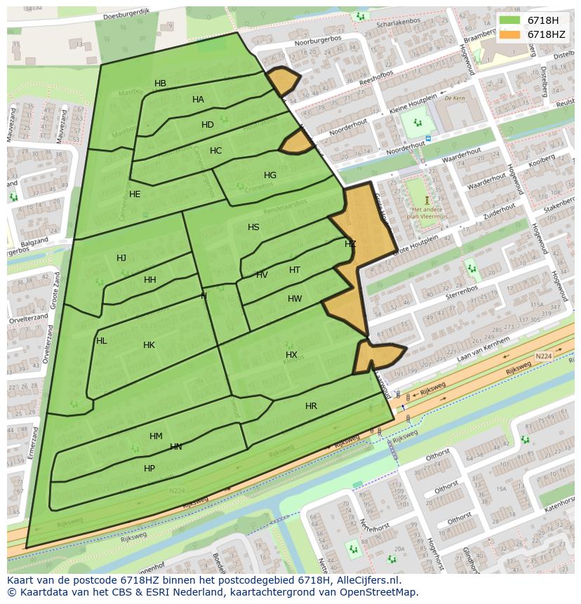 Afbeelding van het postcodegebied 6718 HZ op de kaart.