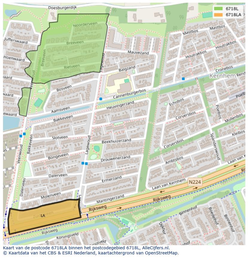 Afbeelding van het postcodegebied 6718 LA op de kaart.