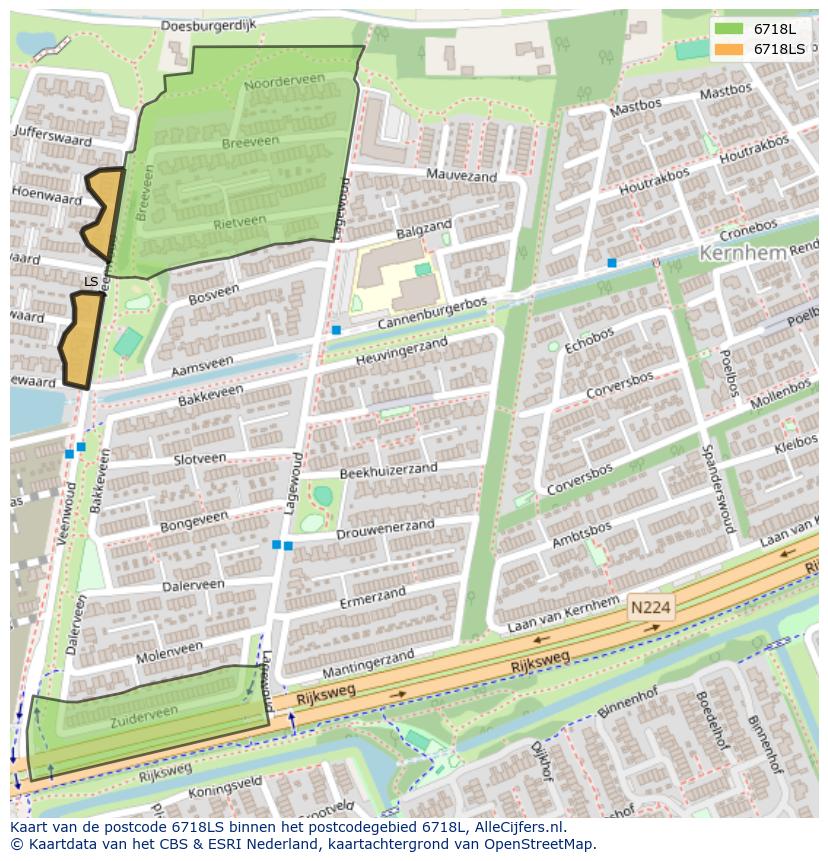 Afbeelding van het postcodegebied 6718 LS op de kaart.