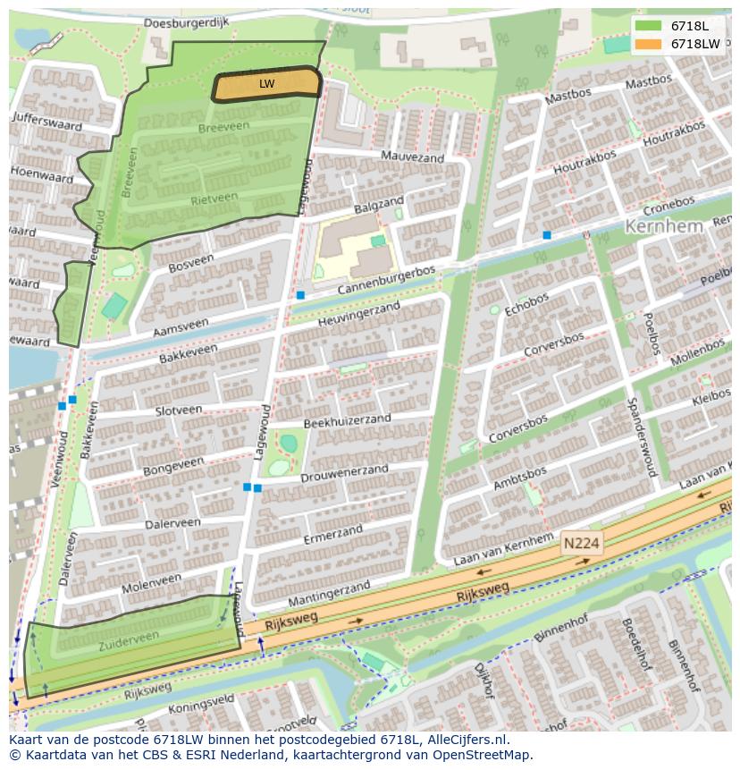 Afbeelding van het postcodegebied 6718 LW op de kaart.
