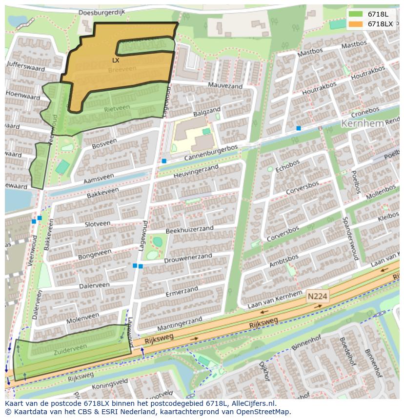 Afbeelding van het postcodegebied 6718 LX op de kaart.