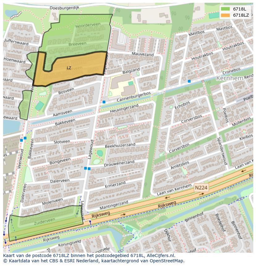 Afbeelding van het postcodegebied 6718 LZ op de kaart.