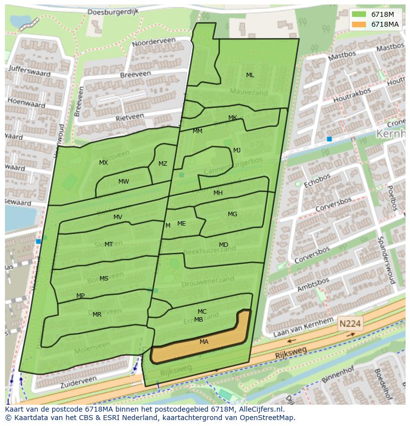 Afbeelding van het postcodegebied 6718 MA op de kaart.