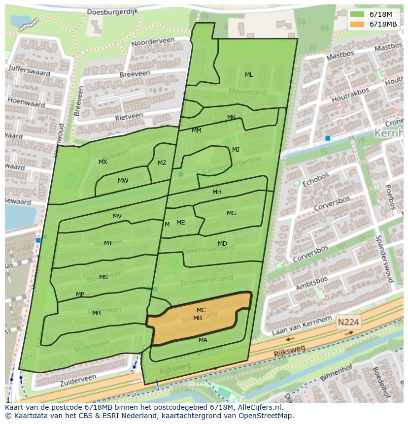 Afbeelding van het postcodegebied 6718 MB op de kaart.