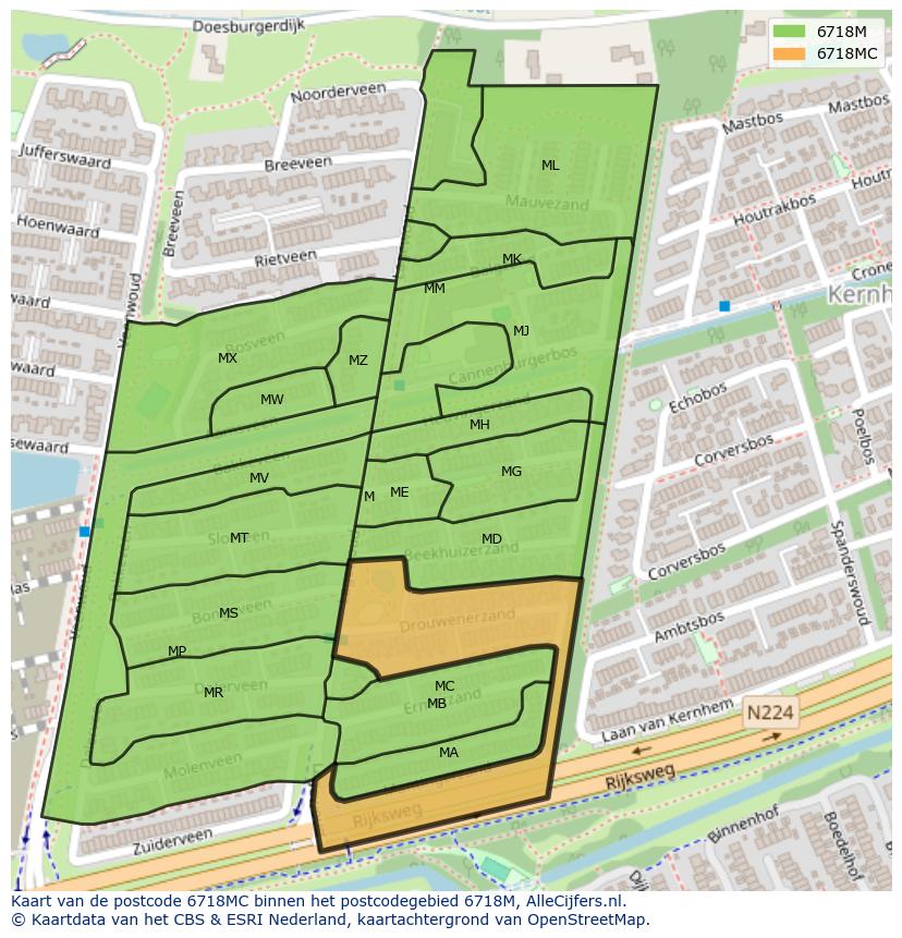Afbeelding van het postcodegebied 6718 MC op de kaart.