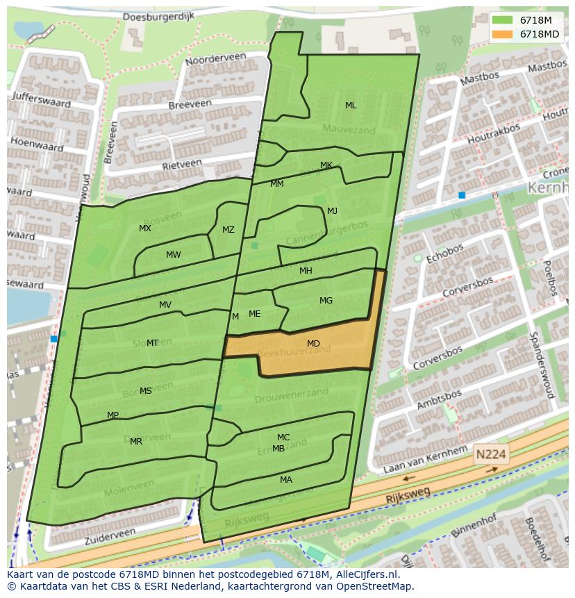 Afbeelding van het postcodegebied 6718 MD op de kaart.