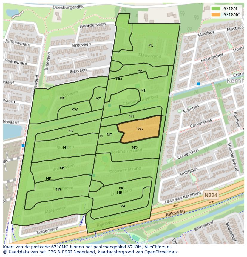 Afbeelding van het postcodegebied 6718 MG op de kaart.