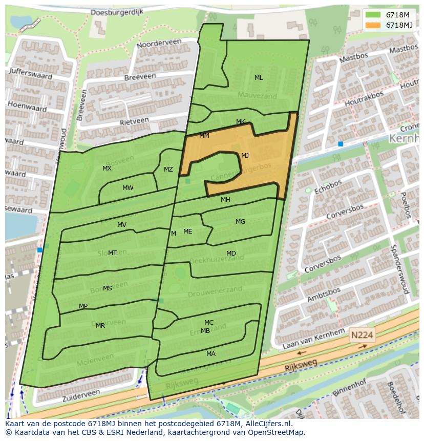 Afbeelding van het postcodegebied 6718 MJ op de kaart.
