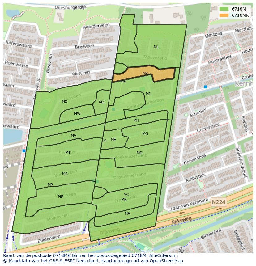 Afbeelding van het postcodegebied 6718 MK op de kaart.