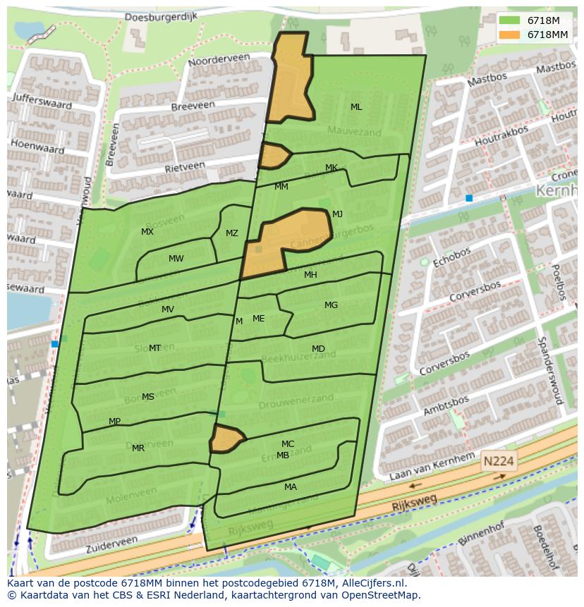 Afbeelding van het postcodegebied 6718 MM op de kaart.