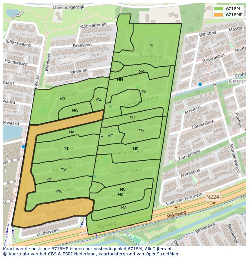 Afbeelding van het postcodegebied 6718 MP op de kaart.