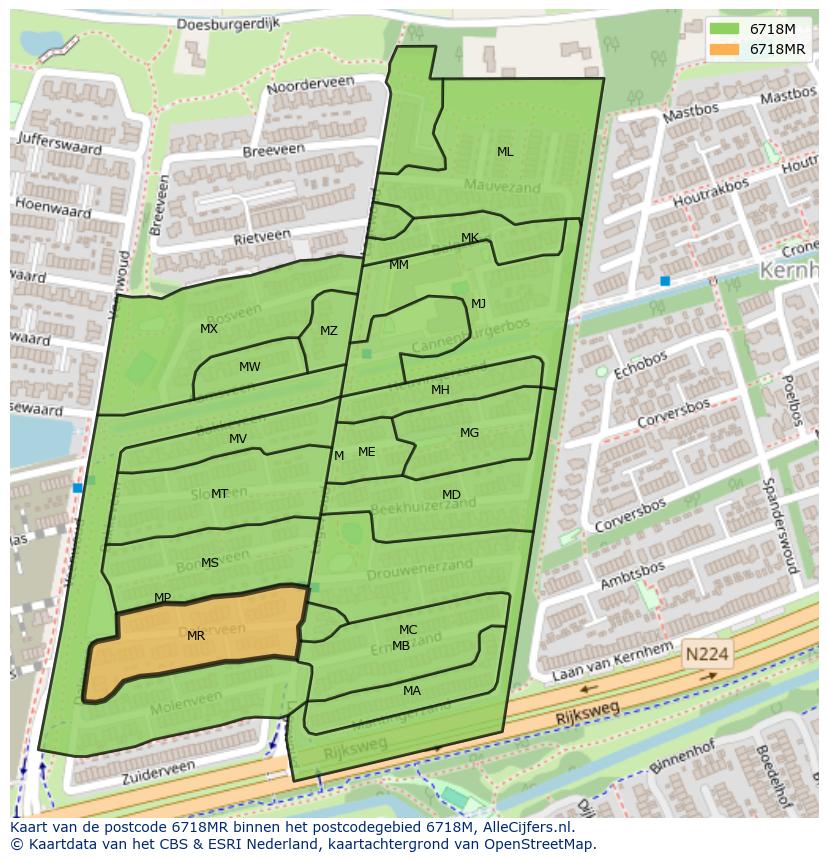 Afbeelding van het postcodegebied 6718 MR op de kaart.